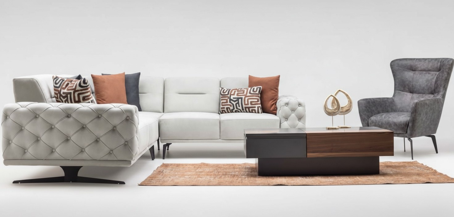 Gruppe Ecksofa L form Polstersofa Stoffsofa Couch Grau Sessel Stoff