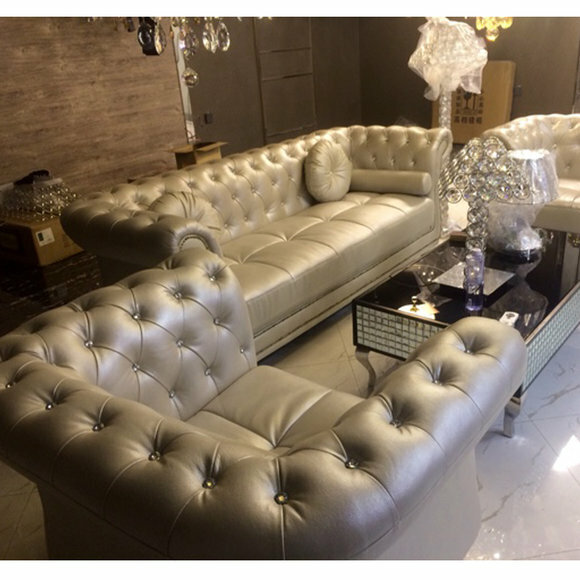 Design Chesterfield Sofagarnitur 3+2+1 Couchtisch Leder Silber