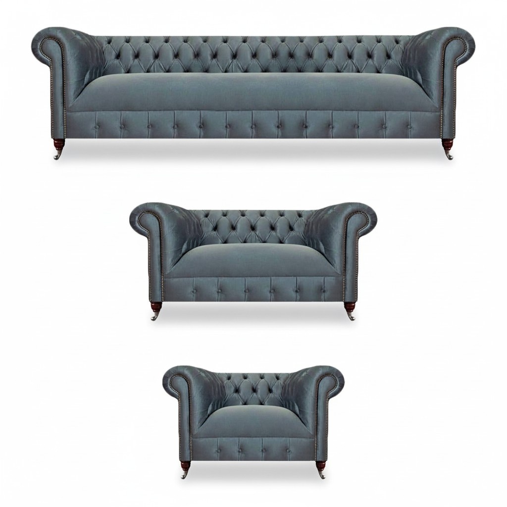 Hellgraue Chesterfield Couchgarnitur Sofas Polster Wohnzimmer Möbel 3tlg