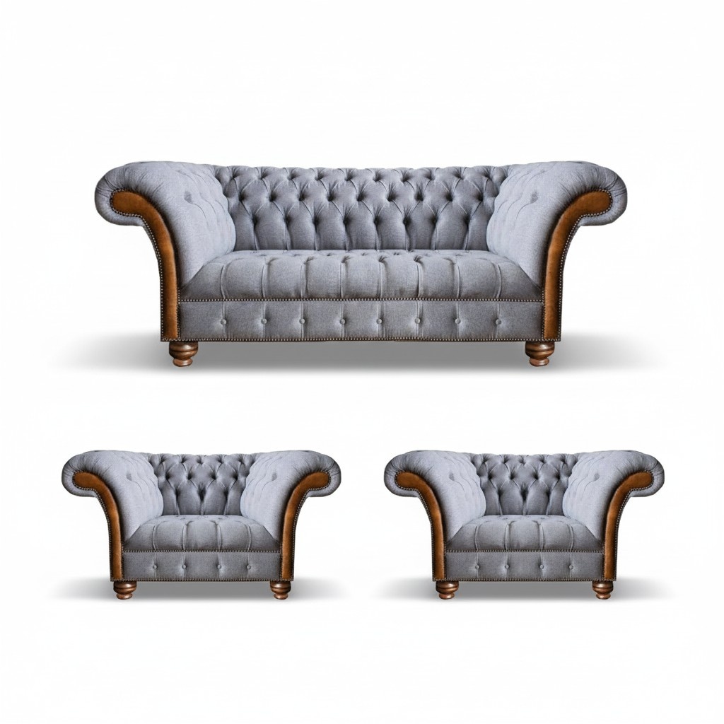 Hellgraue Chesterfield Luxus Garnitur Wohnzimmer 3-Sitzer Couch Sessel