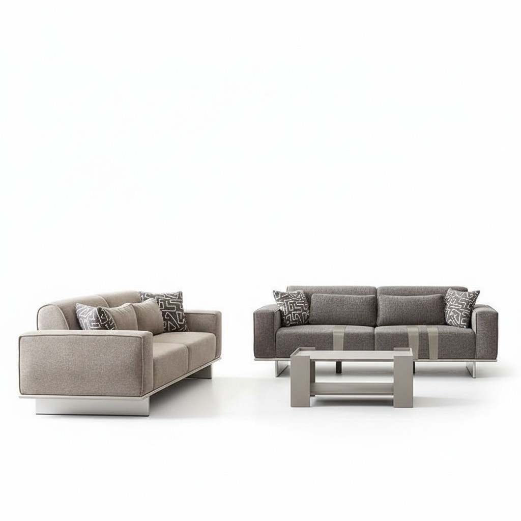 Hellgraue Sitzgarnitur Polster Stoff Couch Textil Sofa Sofagarnitur Moderne 3+3