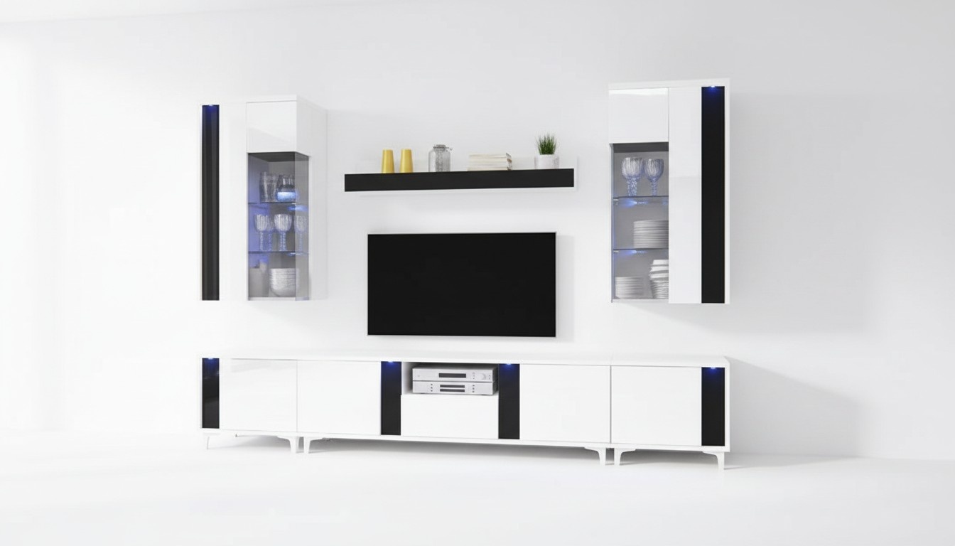 Hochglanz Wohnwand Schrankwand Wohnzimmer Schrank Vitrine Sideboard