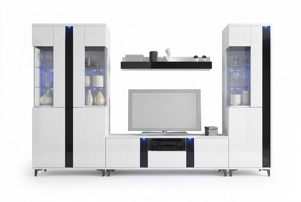 Hochglanz Wohnwand Schrankwand Wohnzimmer Schrank Vitrine Sideboard