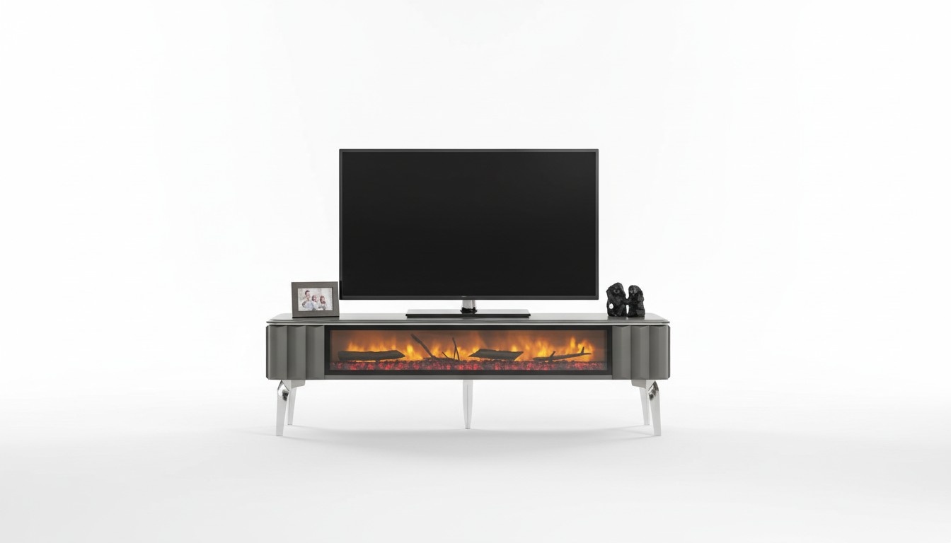 Hochwertiges TV-Sideboard Kamin MDF Metall grau Farbe neu Wohnzimmer