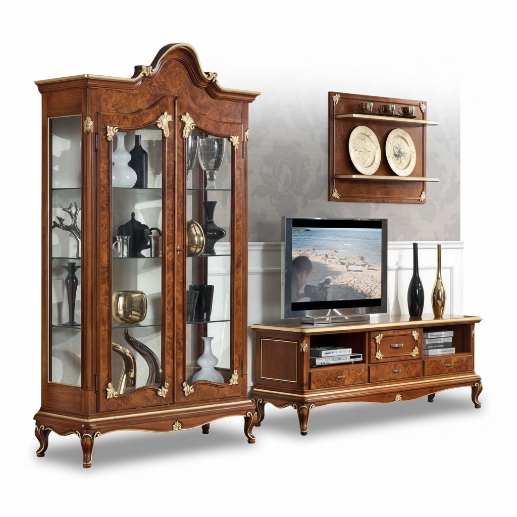 Italienische Wohnzimmer Wohnwand rtv Tv Sideboard Schrank Vitrine Wandregal 3tlg