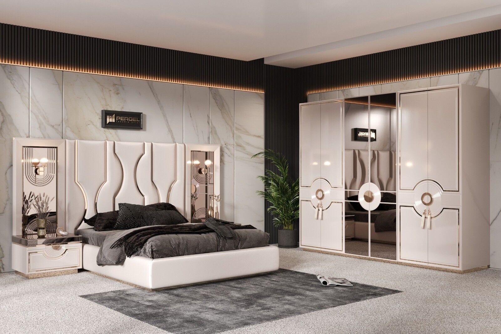 Modern Schlafzimmer-Set Luxus Bett Kleiderschrank Schminktisch 5 tlg. Sofort