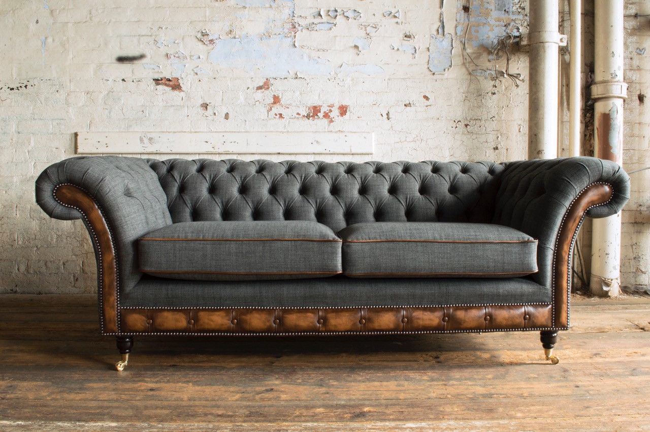Chesterfield Design Luxus Polster Sofa Couch Sitz Garnitur Leder Textil