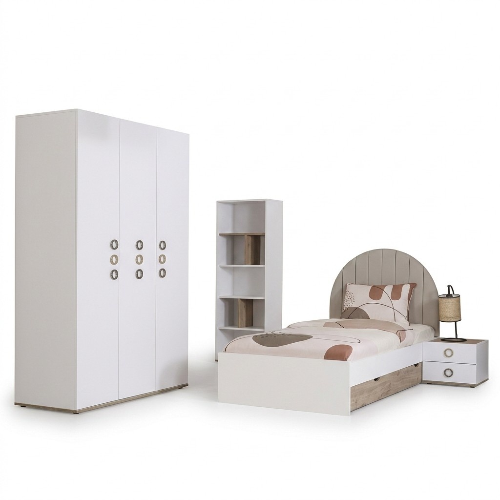 Jugendbett Garnitur Kinderzimmer Nachttisch Bett Holz Weiß Set 4tlg