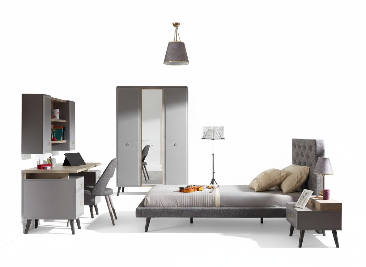 Jugendbett Schlafzimmermöbel Holzbett Komplette Bett Grau Set 5tlg