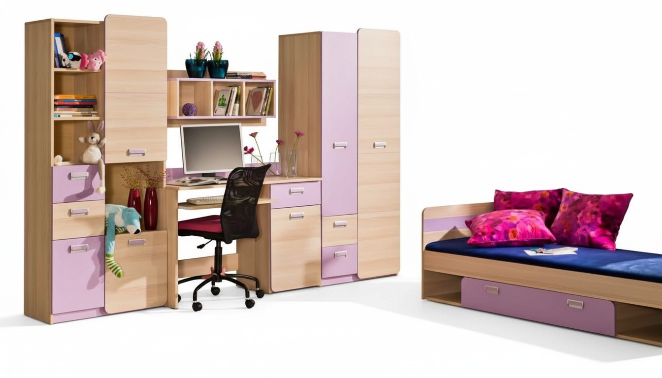 Jugendzimmer Kinder Schlaf Zimmer Bett Schrank Tisch Kommode Set 5 teilig