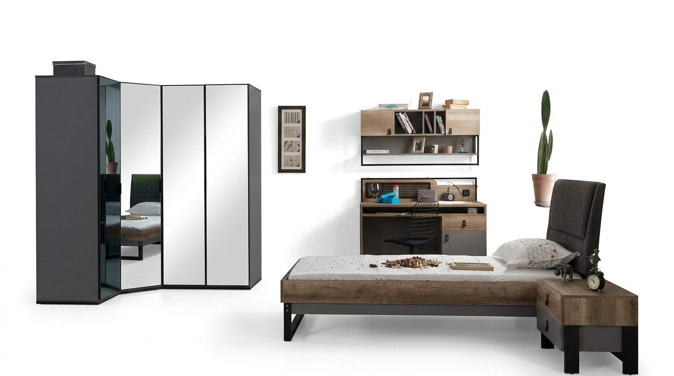 Jugendzimmer Set Bett Eckschrank Nachttisch Schreibtisch Möbel 4tlg Neu