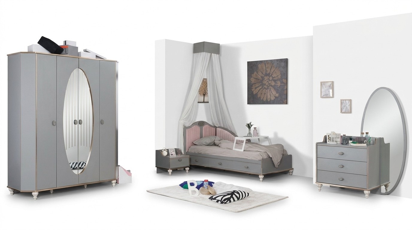 Jugendzimmer Set Bett Kleiderschrank Nachttisch Kommode mit Spiegel Möbel 4tlg