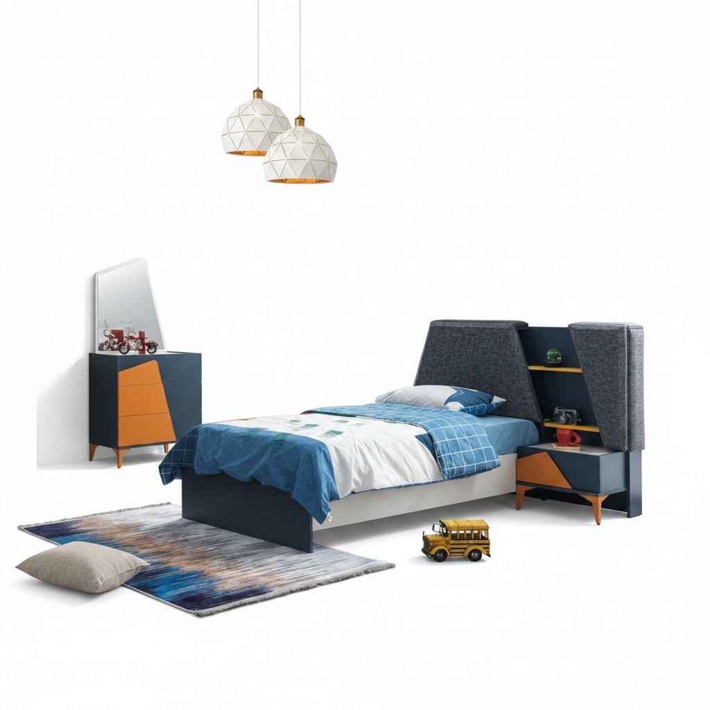 Jugendzimmer Set Blau Bett Nachttisch Kommode Kinder Top-Qualität Möbel Modern