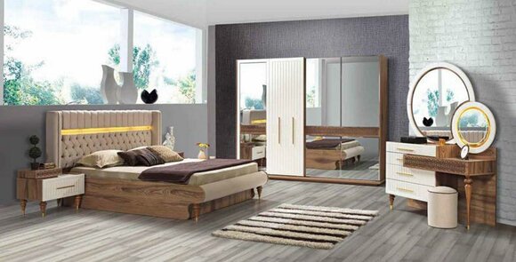 Schlafzimmer Set Luxus Bett 2x Nachttisch Kommode Kleiderschrank 5tlg.