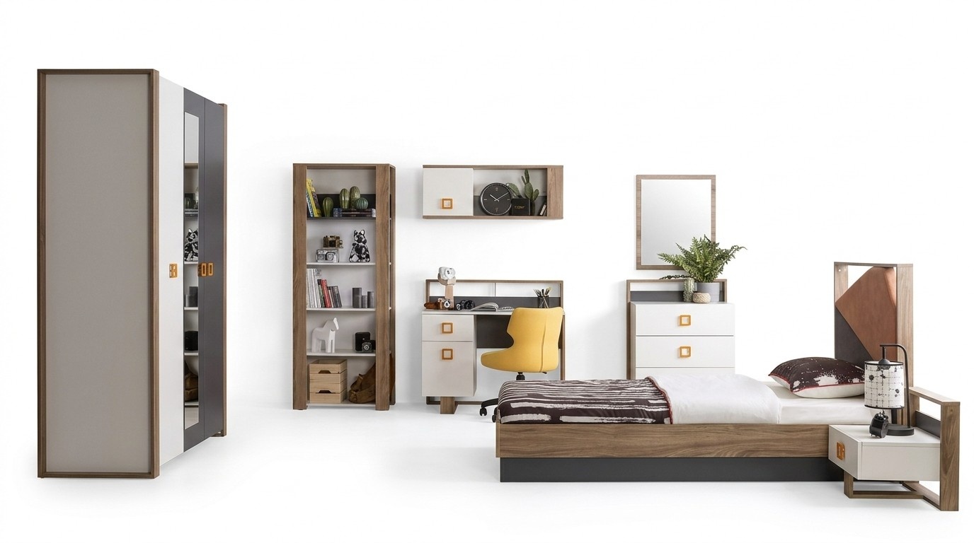 Kindermöbel Garnitur Kinderbett Kinderzimmer Bett Holz Grau Set 9tlg