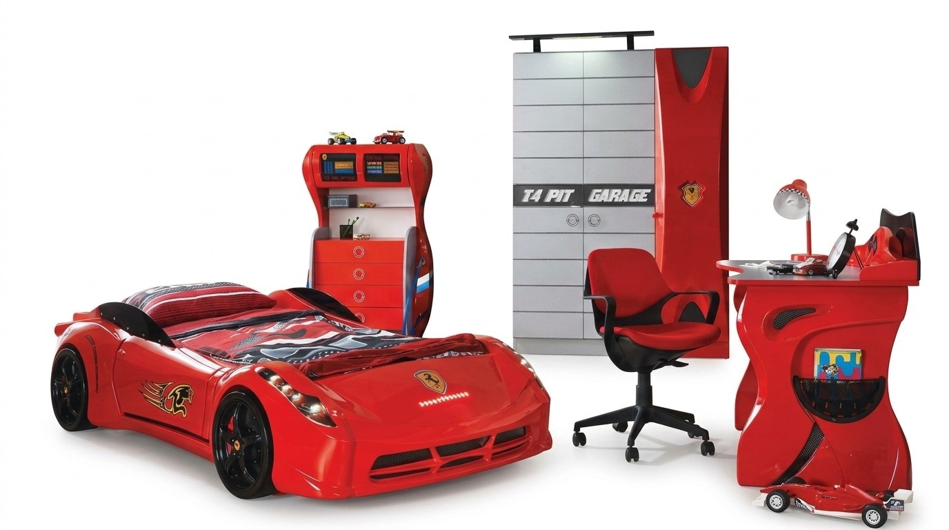 Kinderzimmer Auto Set Bett Kleiderschrank Kommode Schreibtisch Junge Möbel 4tlg