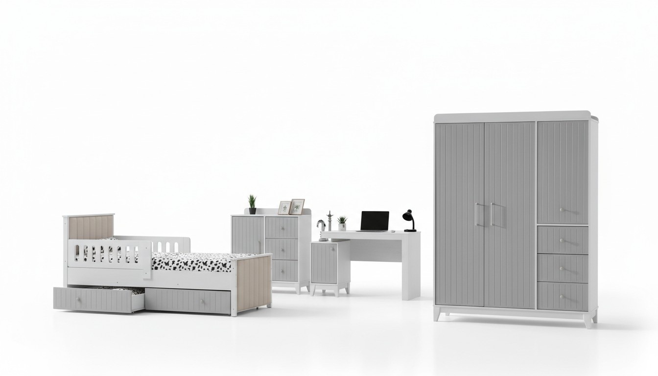 Kinderzimmer-Ensemble: Kommode, Kleiderschrank, Bett & Schreibtisch
