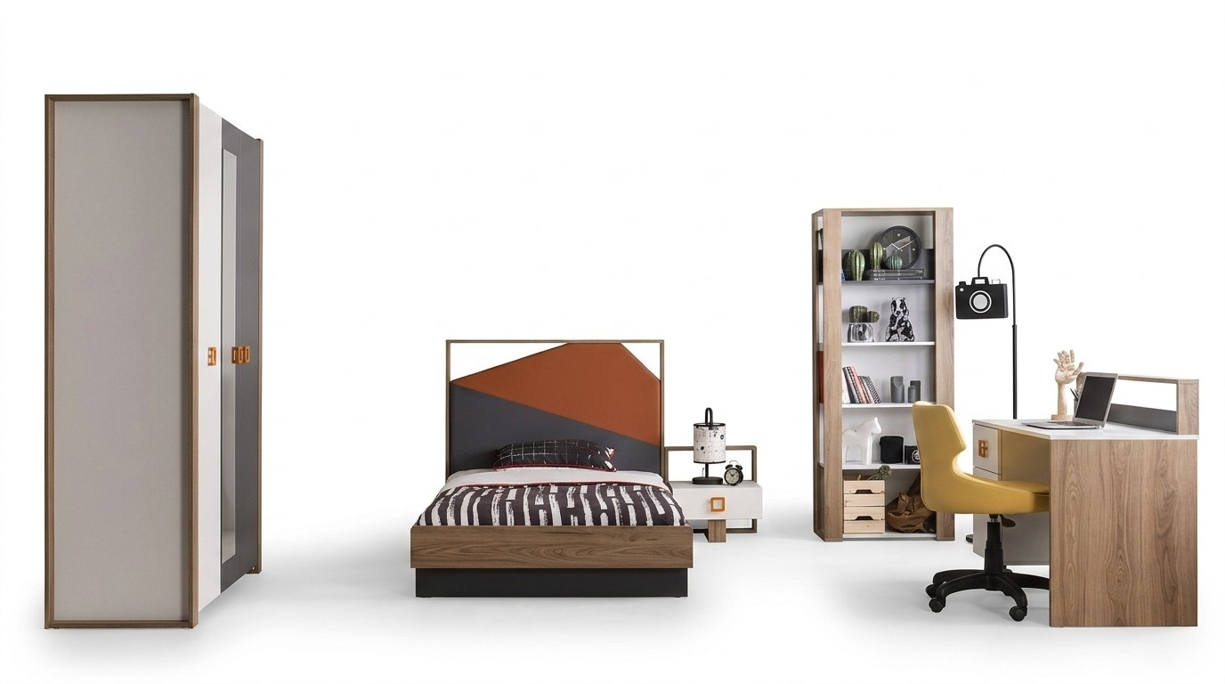 Kinderzimmer Garnitur Bettrahmen Bett Set Schreibtisch Grau 5tlg Holz