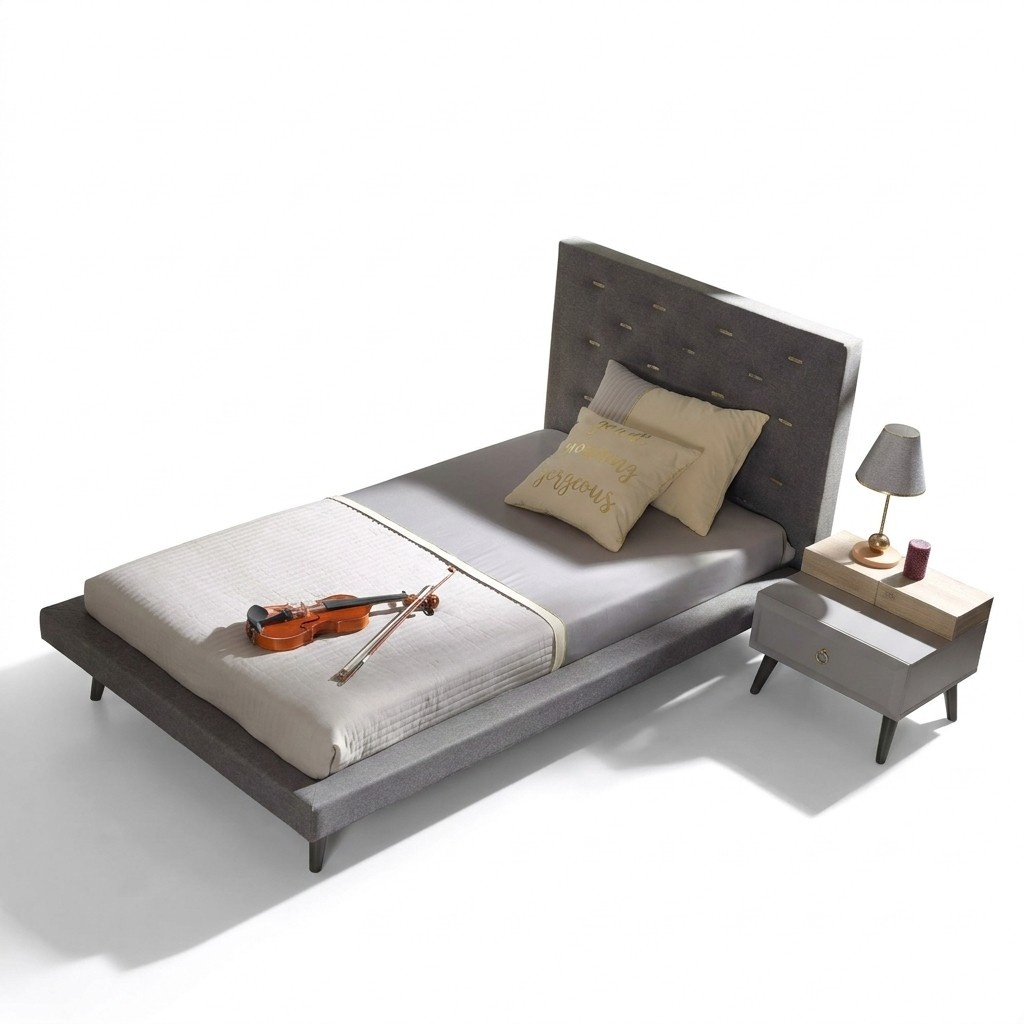 Kinderzimmer Garnitur Jugendbett Nachttisch Bett Holz Grau 100 cm 2tlg