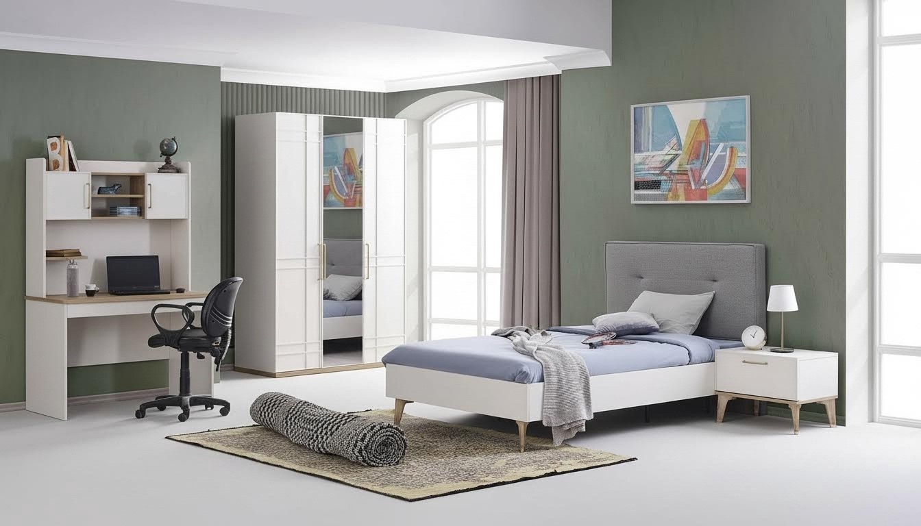 Kinderzimmer Garnitur Kinderbett Jugendbett Set 4tlg Weiß Holz