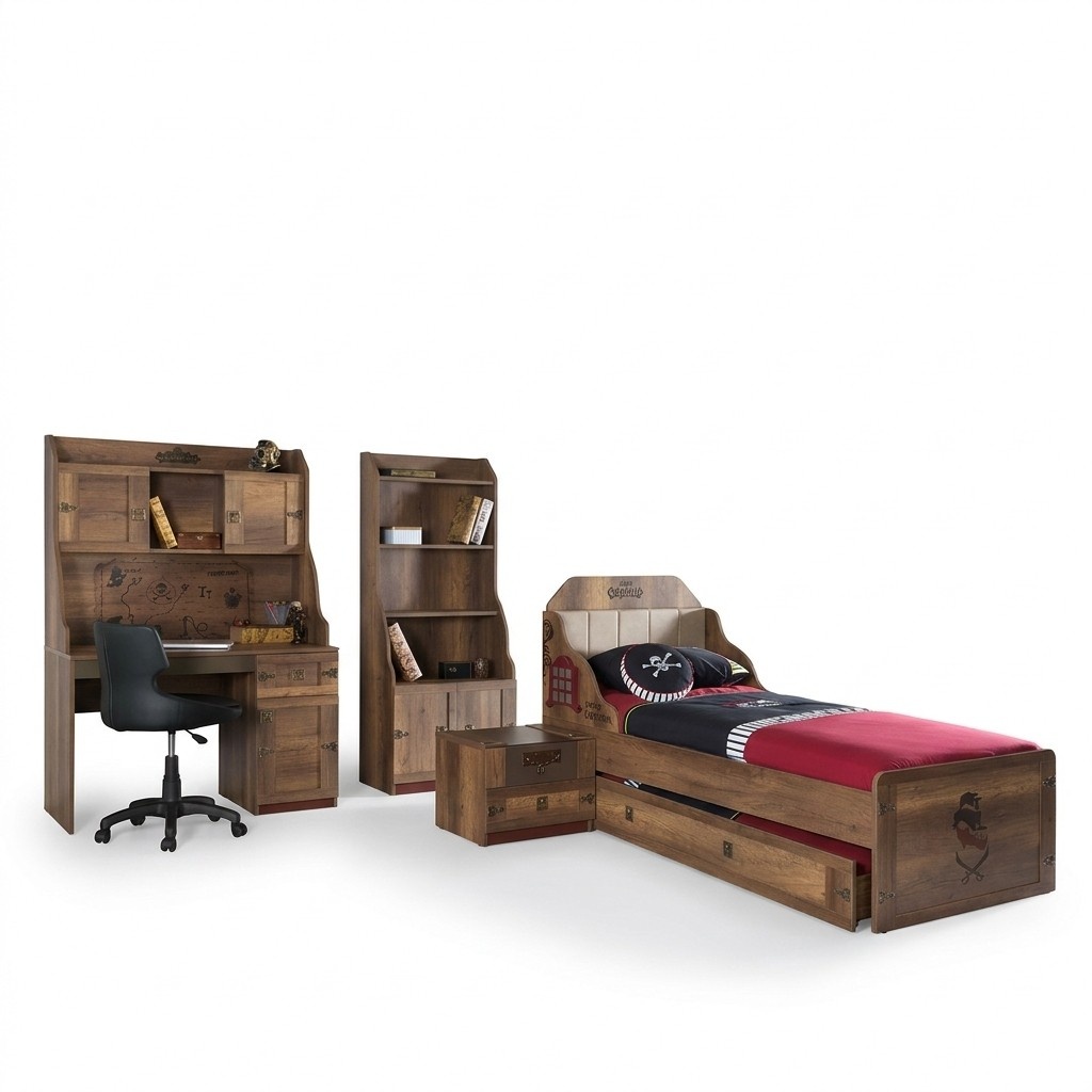 Kinderzimmer Garnitur Pirat Bettrahmen Jugendbett Holz Braun 5tlg Set