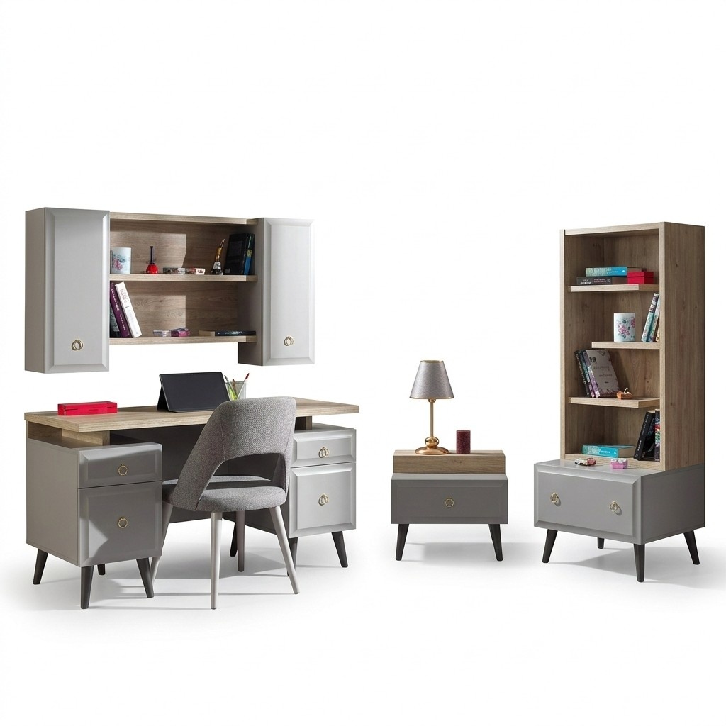 Kinderzimmer Gruppe Jugendbett Kindermöbel Bett Holz Grau Set 5tlg