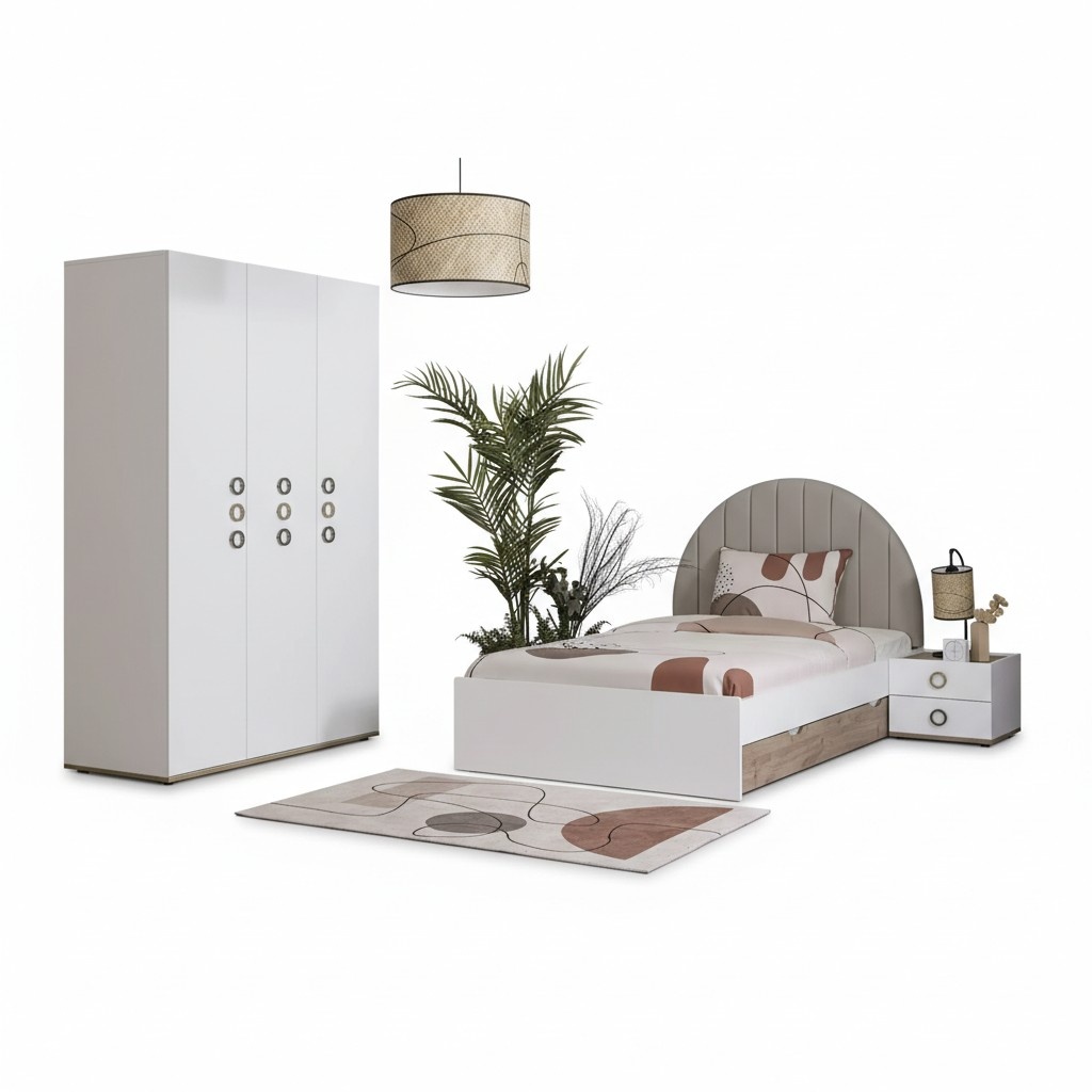 Kinderzimmer Jugendbett Garnitur Nachttisch Bett Holz Weiß Set 3tlg