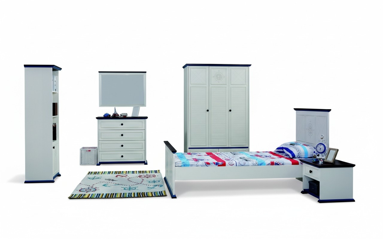 Kinderzimmer Komplett Set Bett Nachttisch Kleiderschrank Kommode Spiegel 6tlg