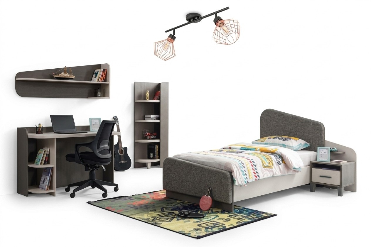 Kinderzimmer-Set aus Holz in Grau mit Bett, Nachttisch und Bücherregal