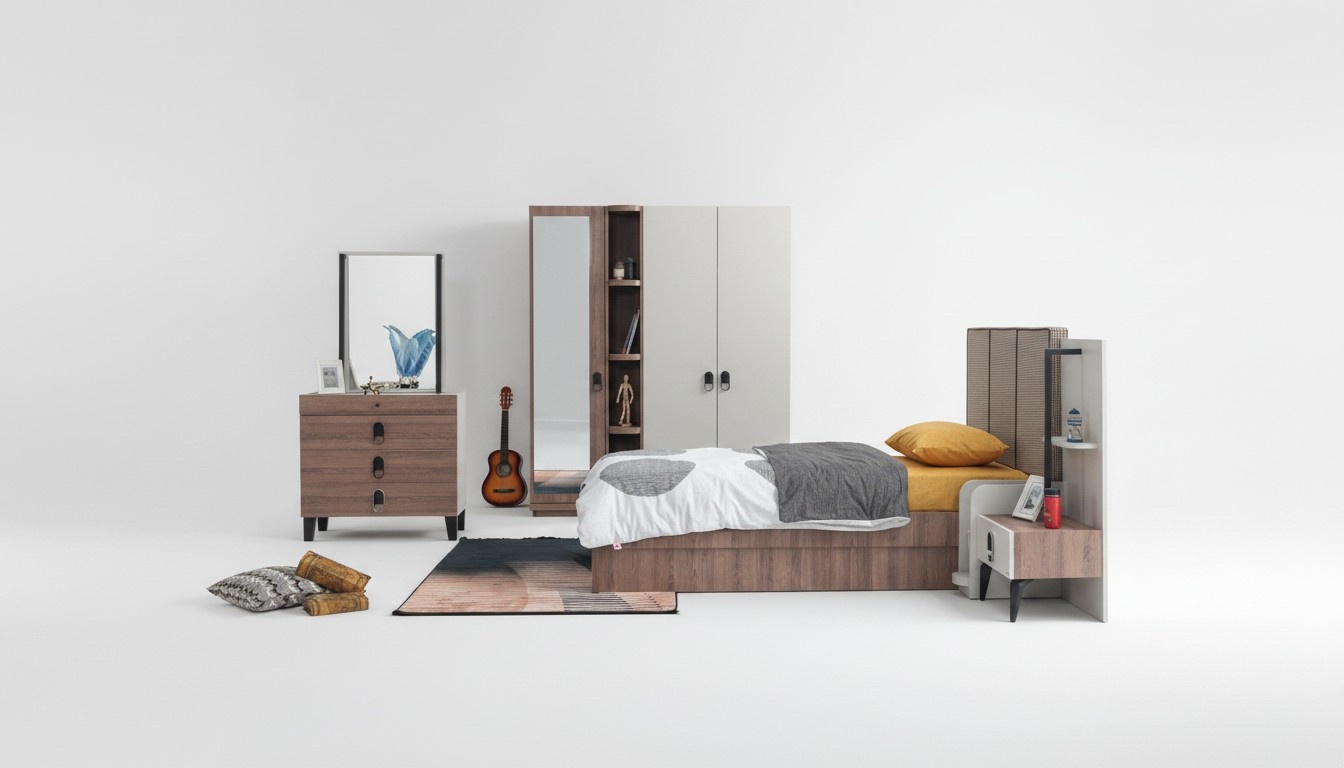 Kinderzimmer Set Bett Nachttisch Kommode Kleiderschrank Braun Modern Hochwertige
