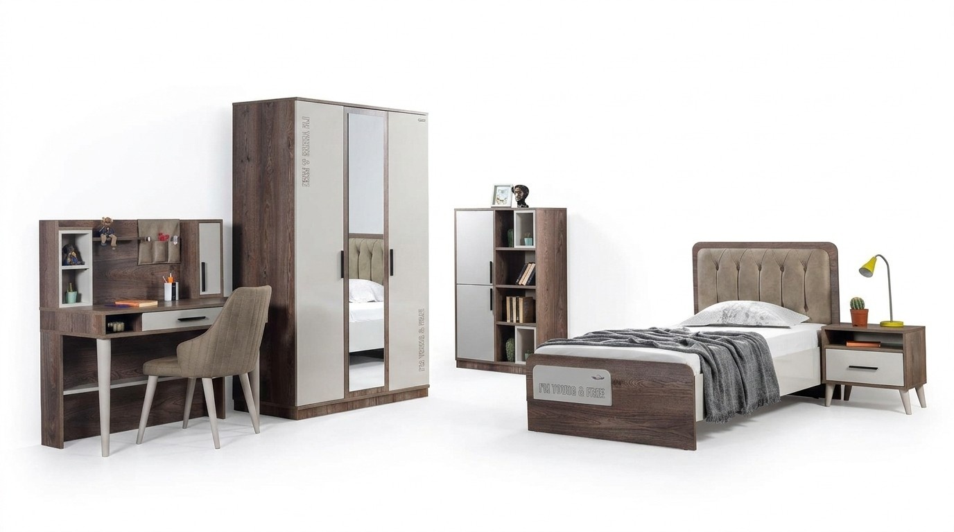 Kinderzimmer Set komplett 5 tlg Modernes Jugendzimmer Braun Holz Bett