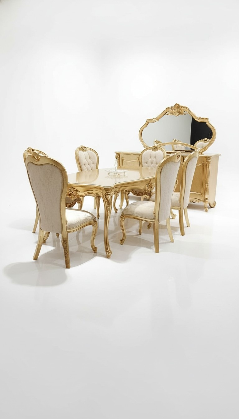 Klassisch Esstisch + 6x Stühle + Anrichte mit Spiegel Gold Holz Kommode