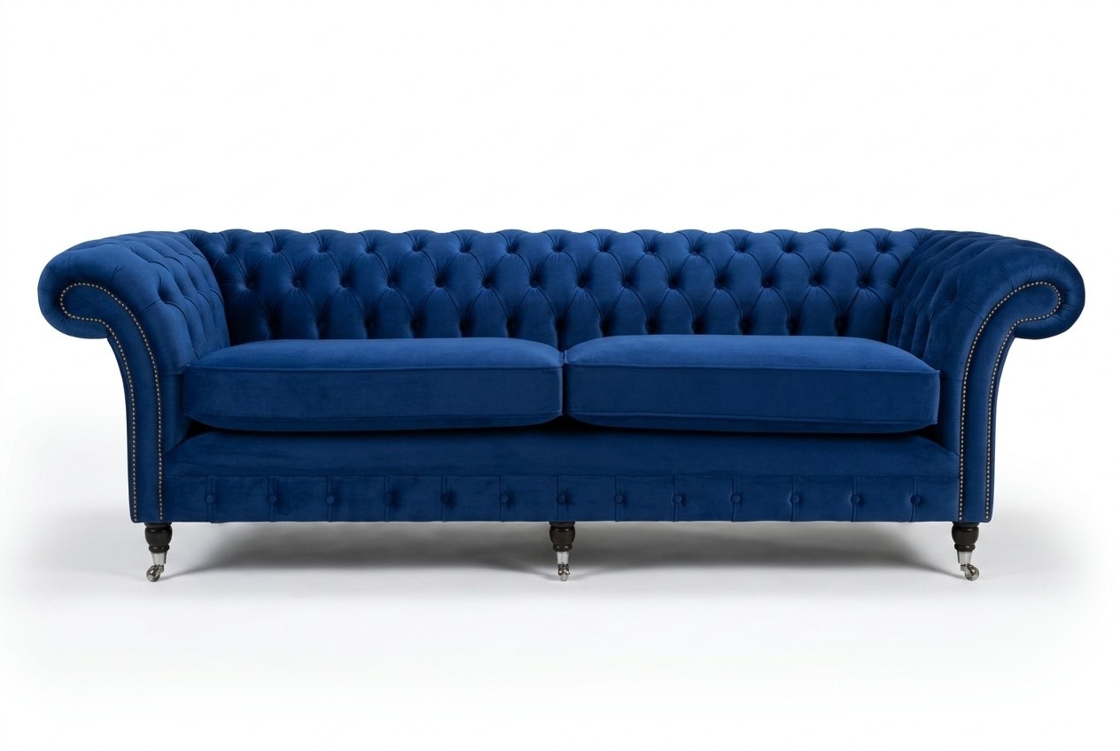 klassische Chesterfield Couch 4 Sitzer Sofa Couch Samt Leder Blau Design