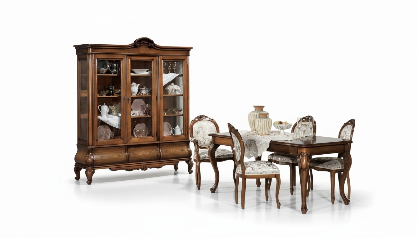 Klassische Esszimmer Garnitur Holzmöbel Esstisch 4x Stühle Vitrine 6tlg