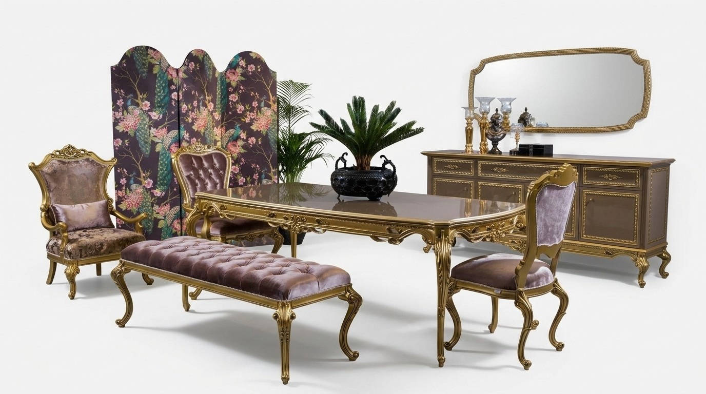 Klassische Esszimmer Garnitur Tisch Stuhl Set Kommode Spiegel Hocker 6tlg