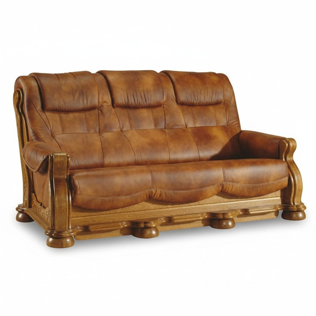 Klassische Ledercouch Sofagarnitur Komplett Set 3+2+2 Holzgestell Polster