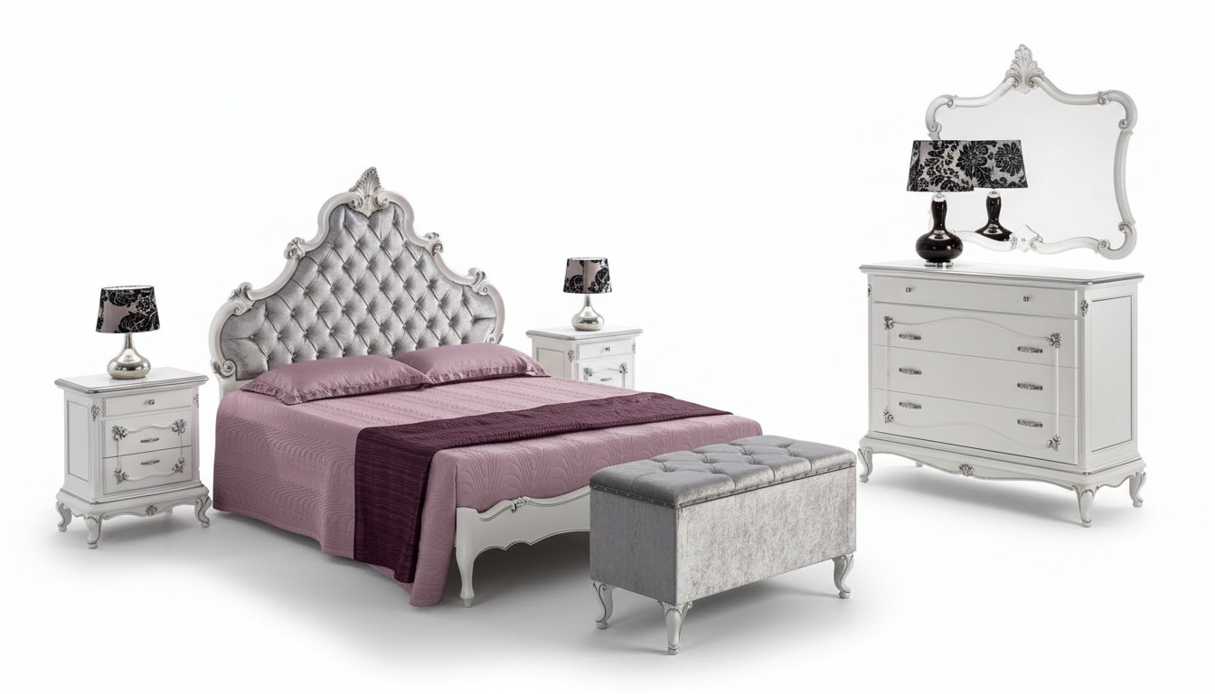 Klassische Möbel 6tlg Schlafzimmerset Bett 2x Nachttische Hocker Kommode Spiegel