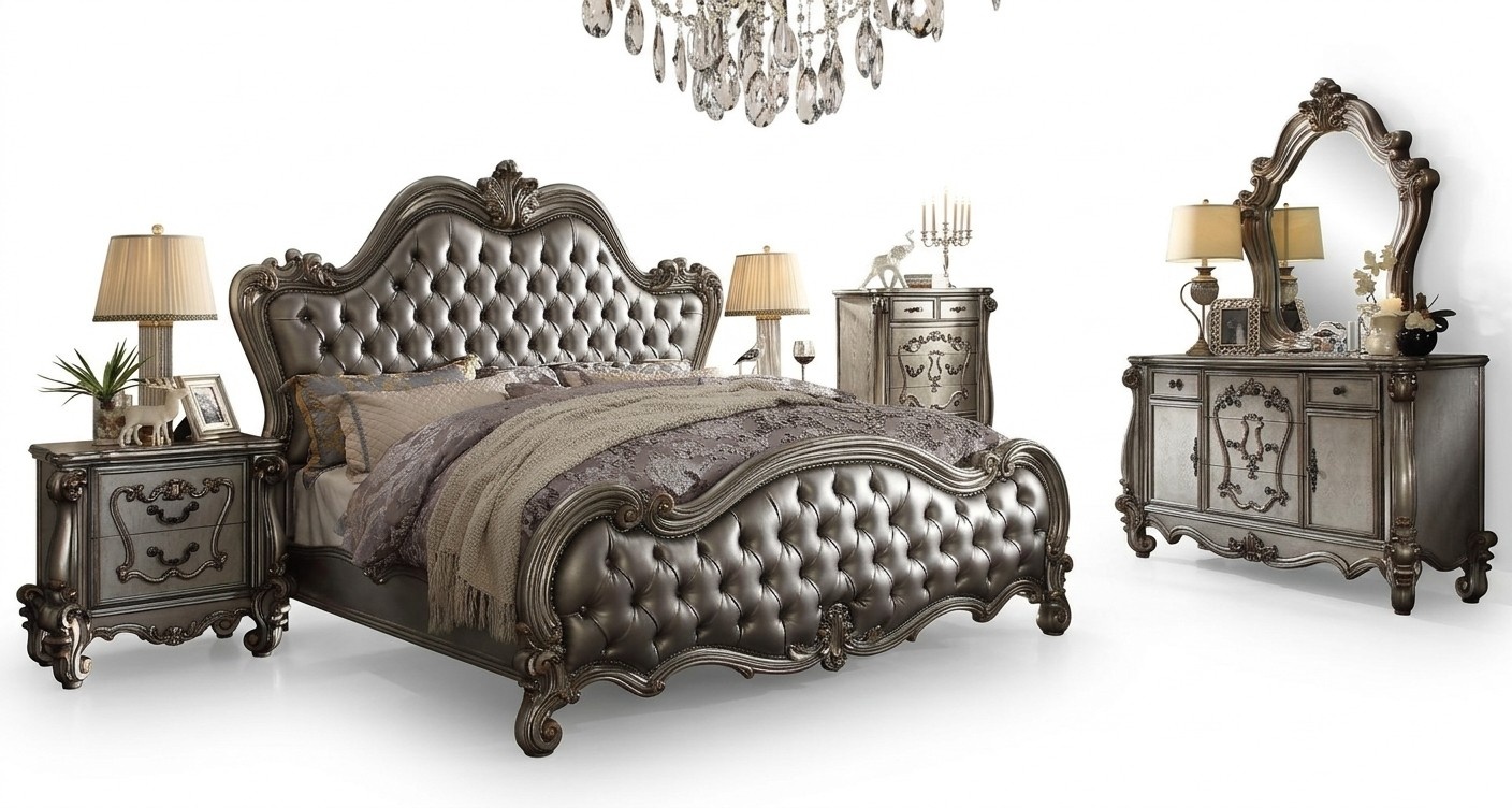 Klassische Möbel Schlafzimmer Set Bett Nachttisch Kommode Spiegel 5tlg.