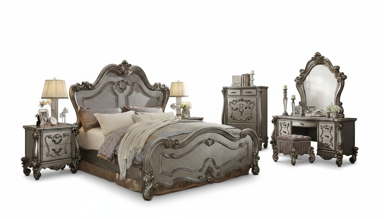 Klassische Schlafzimmer Set Bett 2x Nachttisch Kommode Spiegel 5tlg. Set