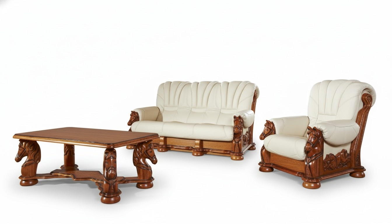 Klassische Sofagarnitur Couch Polster Sitz Garnitur Sofa Leder Holz 3+1+1 Set