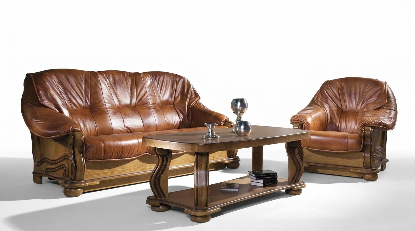 Klassische Sofagarnitur Couch Polster Sitz Garnitur Sofa Leder Holz 3+2+2 Set