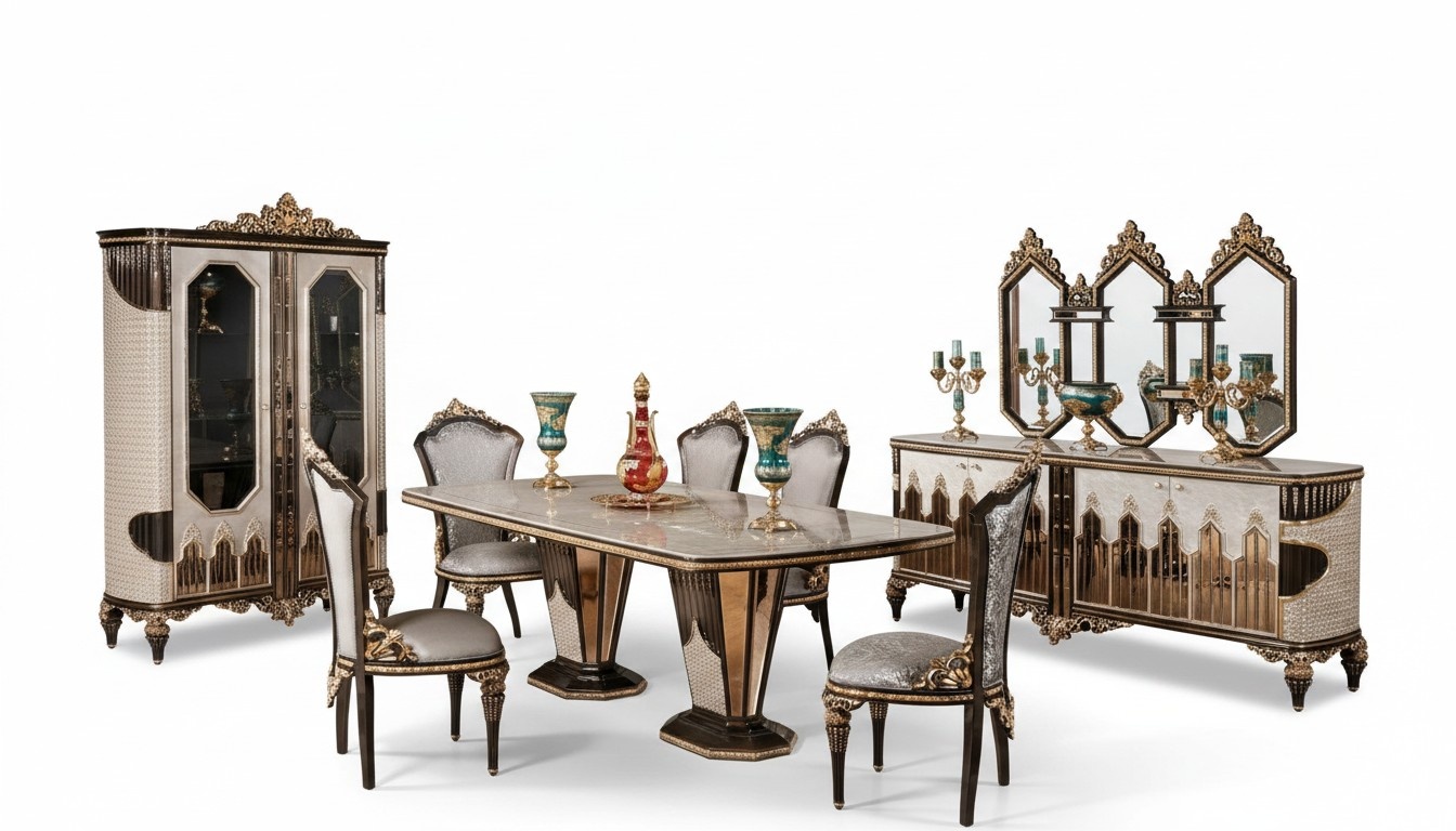 Klassische Weiß-Goldene Esszimmer Garnitur Esstisch 6x Stühle Kommode