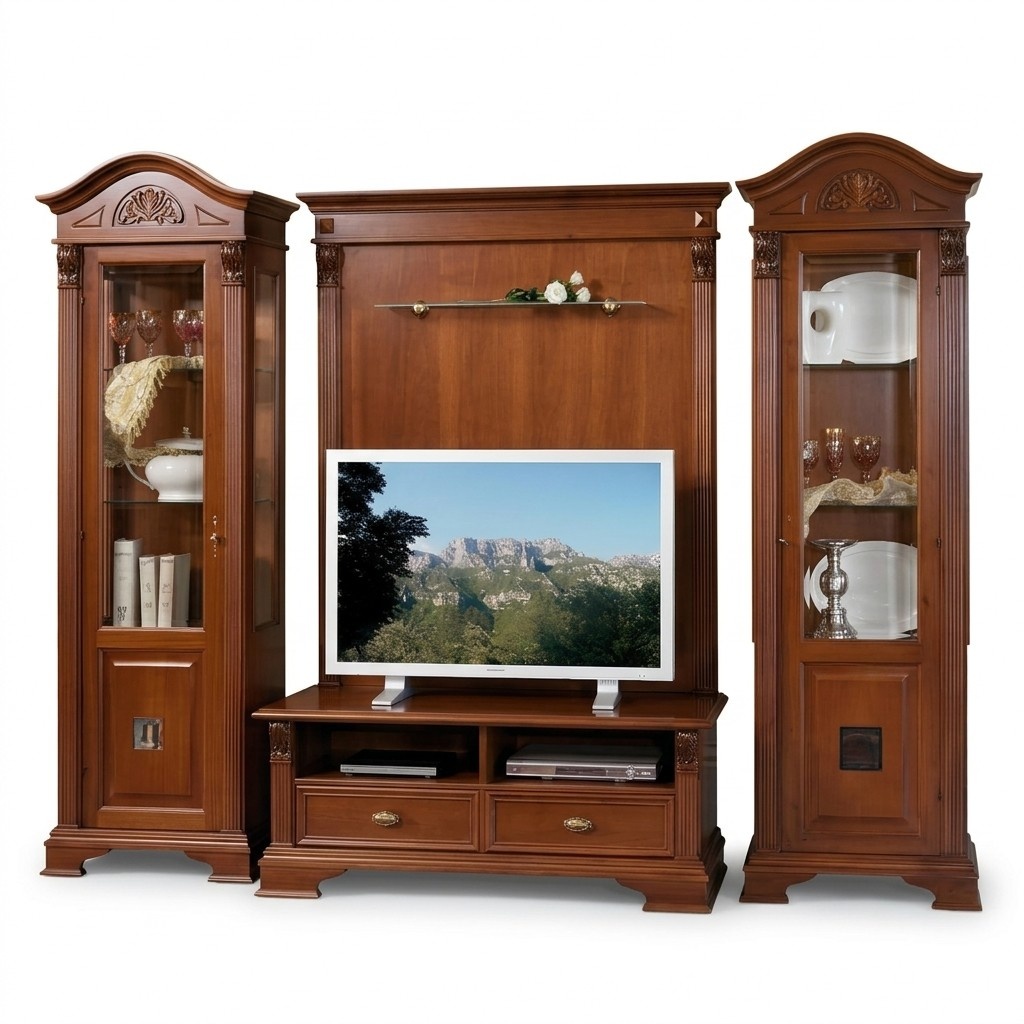 Klassische Wohn Wand Massivholz Wohnzimmer Vitrine Sideboard RTV Regal Wände Schrank 4tlg.