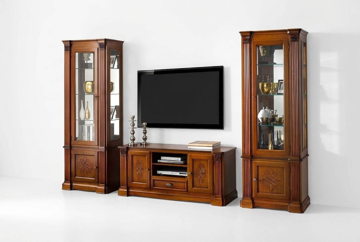 Klassische Wohnzimmer Vitrine Sideboard RTV Regal Wände Schrank 3tlg. Massivholz