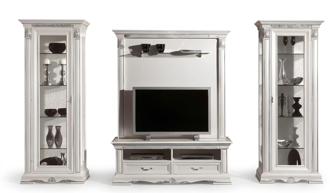 Klassische Wohn Wand Wohnzimmer Vitrine Sideboard RTV Regal Wände Schrank 4tlg. Massivholz