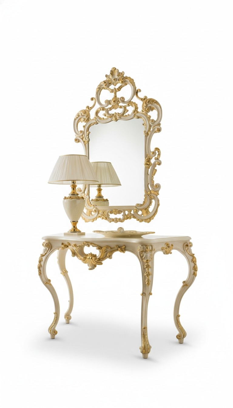 Klassischer Spiegel Schminktisch Konsole Tisch Gold Holz Schlafzimmer Möbel 2tlg