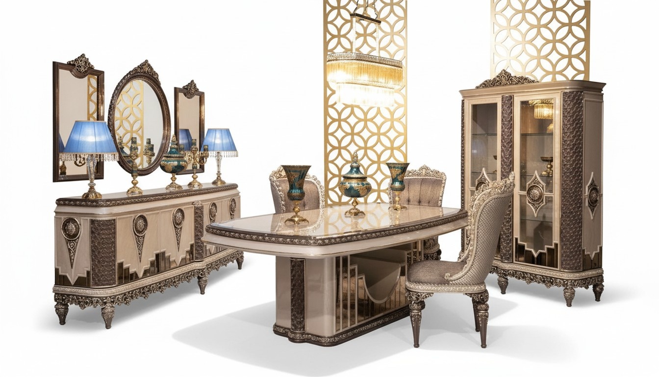 Klassischer Tauper Esszimmer Set Luxus Garnitur Esstisch Stühle Kommode