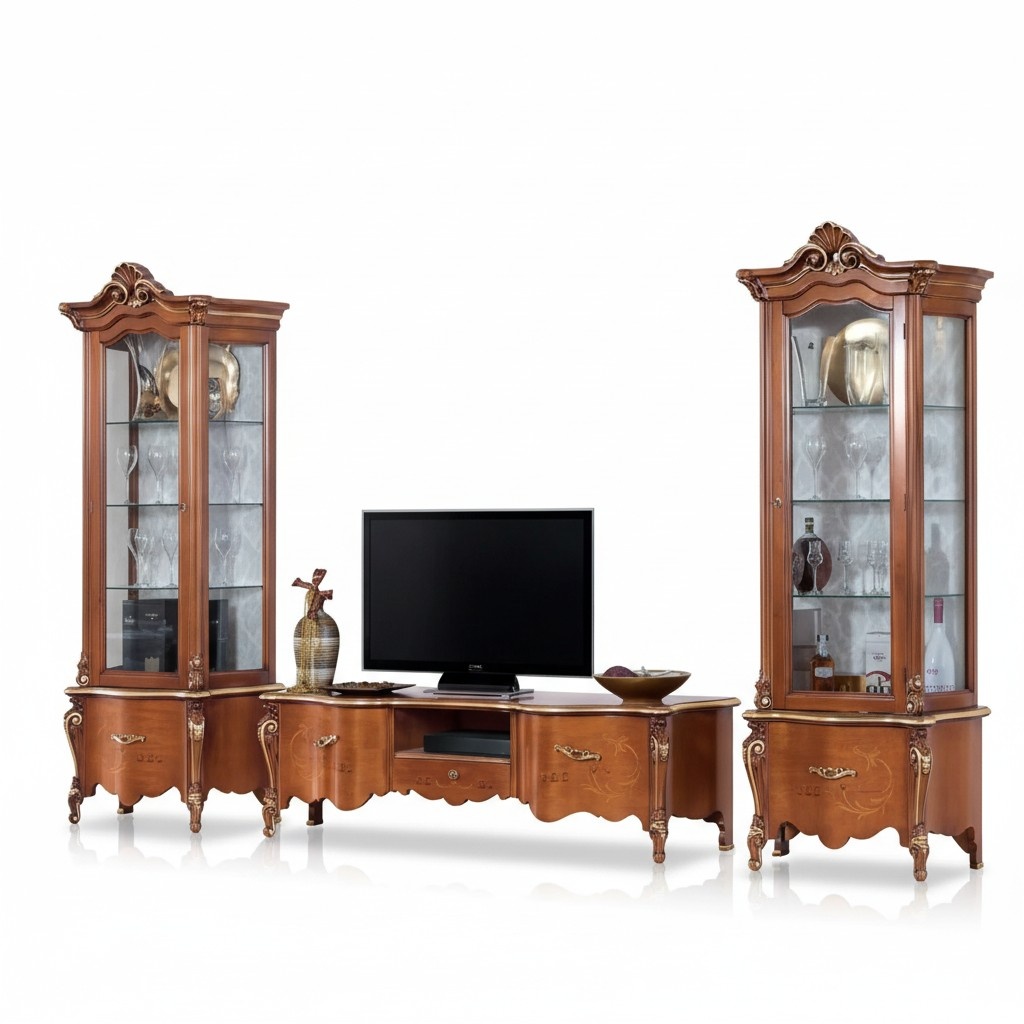 Klassischer TV-Ständer Luxus 2x Vitrine Wohnzimmer Möbel Wohnwand Holz