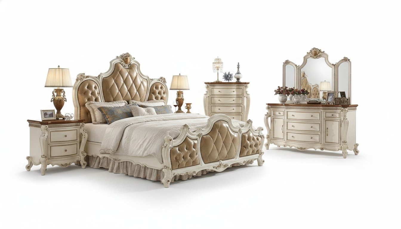 Klassisches Bett Doppelbett Bett 2x Nachttische Holz Design Betten Neu