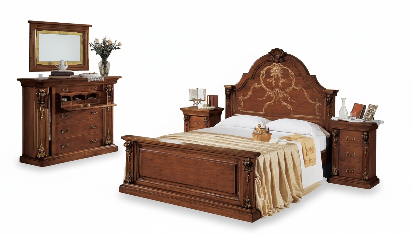 Klassisches Braunes Schlafzimmer Set Bett 2x Nachttische Kommode Set 5tlg